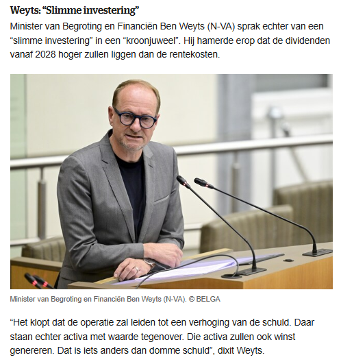 Mauritsvdr's tweet photo. Dit was @BenWeyts amper een jaar geleden: "De aankoop van de luchthaven van Zaventem voor 2,77 miljard euro is slim en gaat winst genereren".

Dat verhaal is nu al volledig doorprikt, zo blijkt uit laatste begrotingcijfers. Zoals toen al gewaarschuwd: dividend-voorspelling bleek compleet  verzonnen te zijn. Rente die Vlaanderen betaalt voor de extra schuld  is veel hoger. Nu moet dat gat dichtgerreden worden met extra subsidies (compensatie uit andere budgetten).

Waanzinnige beslissing was dit. 2,77 miljard euro extra schuld. Euwige extra subsidies. En waarvoor? De commerciële uitbating van een luchthaven, waar de minister-president nu persoonlijk de wachtrijen zit te regelen.

Desastreus economisch beleid.