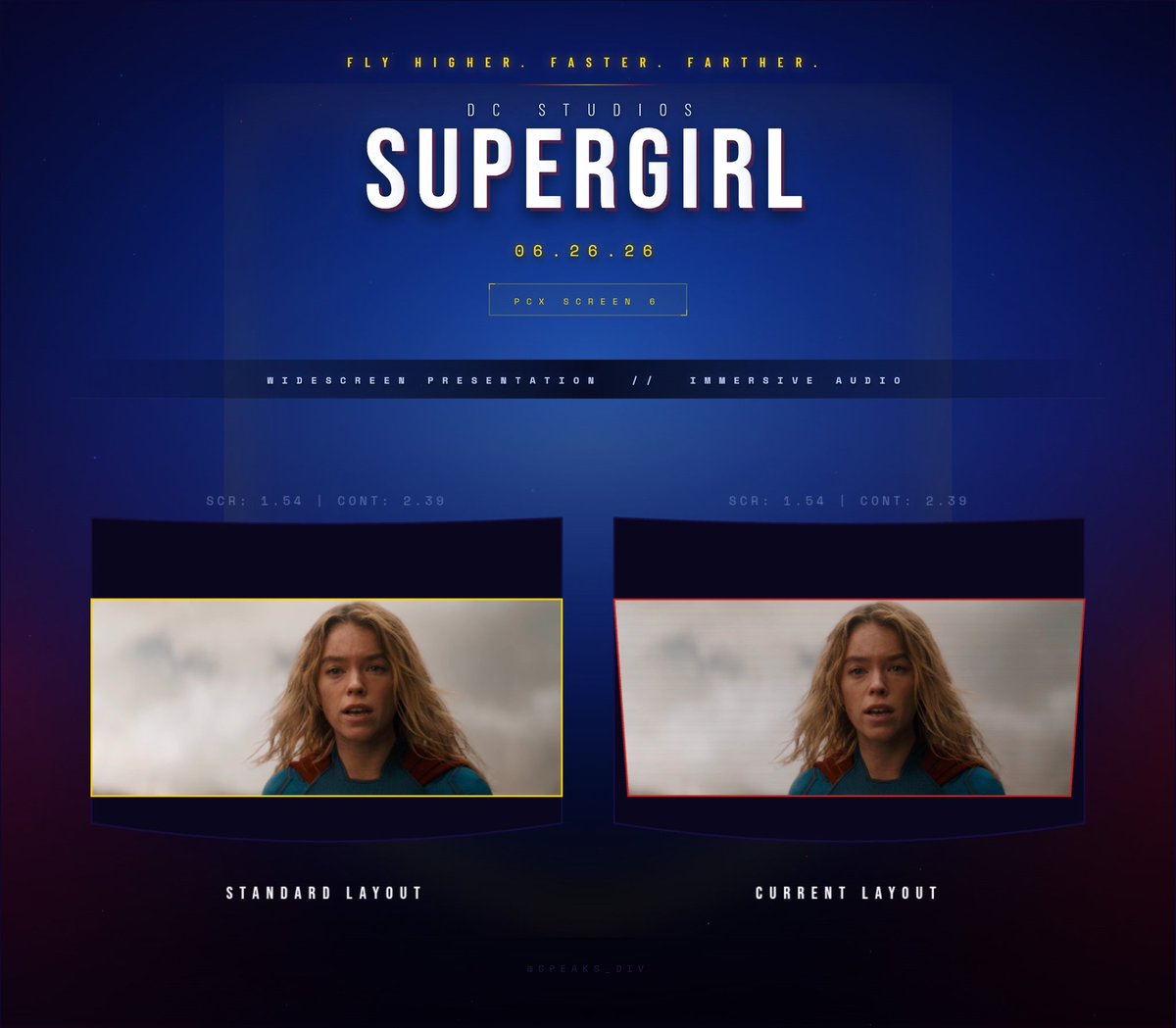 Speaks_Div's tweet photo. #AspectRatioGuide for #Supergirl
This one's pretty special, I started these Aspect Ratio Guides last year with Superman, this marks our 1-year anniversary, and I'm really happy to share it with you all. 😊
~1H 10M in "#IMAX Exclusive" Expanded Aspect Ratio. Rest in normal 2.39 Scope.
That is, more than 65% of the movie is presented in Exclusive Expanded Aspect Ratio.
All non-IMAX formats are 2.39:1 Entirely with no Expanded Scenes.