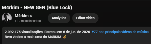 m4rkimofc's tweet photo. NEW GEN acabou de entrar no ranking dos 100 vídeos musicais mais vistos do Brasil, alcançando a posição #77, e isso não aconteceu por acaso.

Num país onde disputamos atenção com artistas gigantes, gravadoras, campanhas milionárias e gêneros que dominam o mercado, ver uma música geek inspirada em Blue Lock chegar tão longe é algo que eu jamais conseguiria sozinho.

Muitas vezes falam que música geek tem limite. Que não pode competir. Que não consegue alcançar o grande público.

Vocês estão provando o contrário.

Obrigado a cada um que acompanha o canal, apoia os lançamentos e faz parte dessa comunidade. Vocês transformaram um projeto que começou por paixão em algo que hoje consegue deixar sua marca entre os maiores vídeos musicais do país.