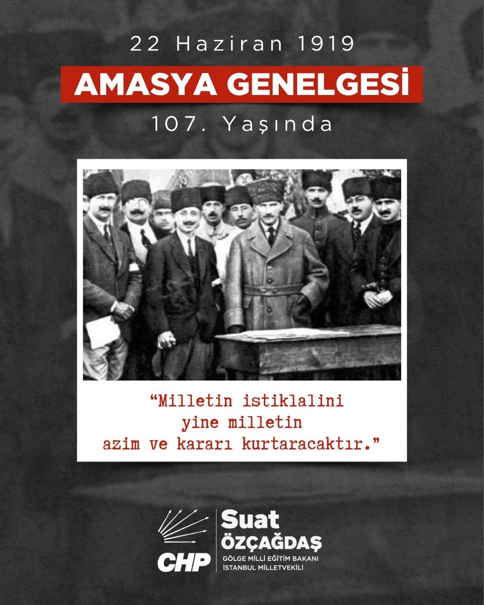 Suat_Ozcagdas's tweet photo. "Milletin istiklalini yine milletin azim ve kararı kurtaracaktır"

22 Haziran 1919'da ilan edilen Amasya Genelgesi, esareti reddeden milletimizin kendi kaderini eline aldığı ve tam bağımsızlık yürüyüşünü başlattığı tarihi bir dönüm noktasıdır.

Kurtuluşun yol haritası olan Amasya Genelgesi’nin 107. yıl dönümünde; başta Gazi Mustafa Kemal Atatürk olmak üzere tüm Milli Mücadele kahramanlarımızı saygı, rahmet ve minnetle anıyorum.

#AmasyaGenelgesi