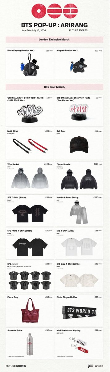 BTS POP-UP : ARIRANG IN LONDON MERCH LIST 📅June 26, 2026 (Fri