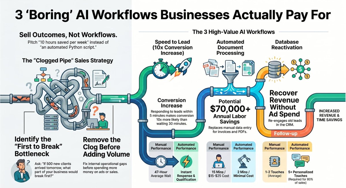 JrDulfo's tweet photo. 🚨 The AI Workflows Making Money Aren't Sexy.

They're boring.

And that's exactly why businesses pay for them.

Most people think AI is about:

❌ Chatbots
❌ Viral content
❌ Fancy demos
❌ AI-generated images

But when a business pulls out its credit card? https://t.co/l8NVnt8pOZ