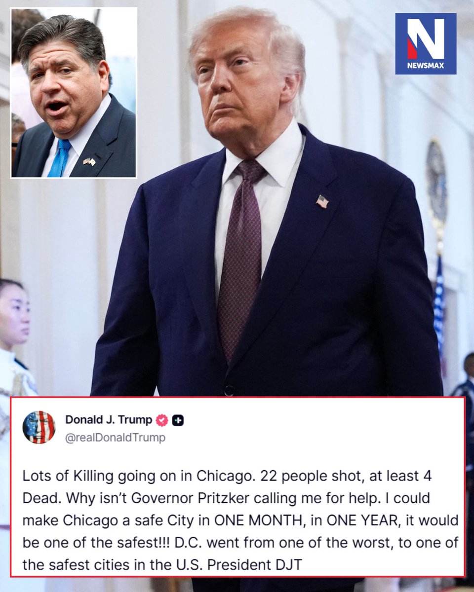 NEWSMAX's tweet photo. TRUMP BASHES PRITZKER: President Trump on Sunday reopened his long-running fight with Illinois Gov. JB Pritzker over Chicago crime, declaring on Truth Social that he could make it "a safe City in ONE MONTH." https://t.co/EsaUiRj5zV