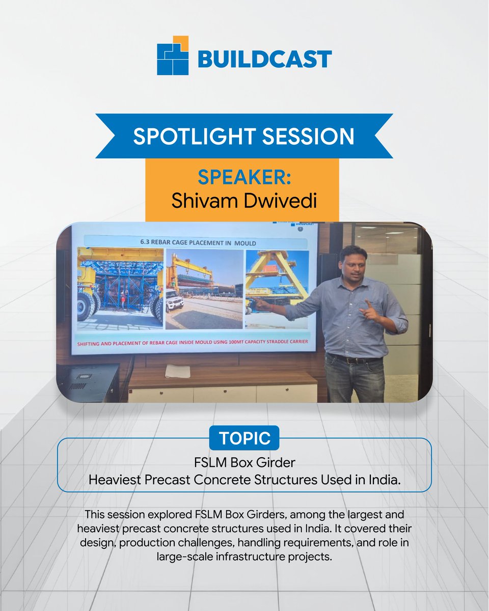 BuildcastLtd's tweet photo. Inside Edge | Session 23
Shivam Dwivedi explored FSLM Box Girder engineering, while Chandra Mohan Rai shared insights on auto lubrication systems in precast mold operations.

A session connecting engineering depth with efficient production. https://t.co/hxRwG0qDSJ