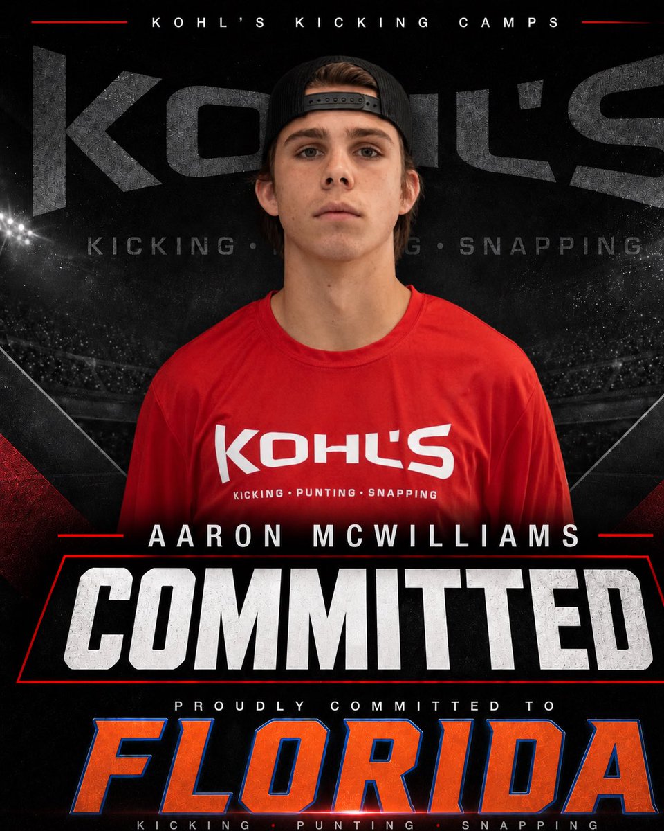 KohlsKicking's tweet photo. ✅ Committed // @GatorsFB 

The No. 8 ranked Kicker/Punter in America, Aaron McWilliams, has committed to Florida.

➡️ Prospect Video &amp; Eval: https://t.co/6mwkEAvrG6 #gators https://t.co/PV85J3igIY