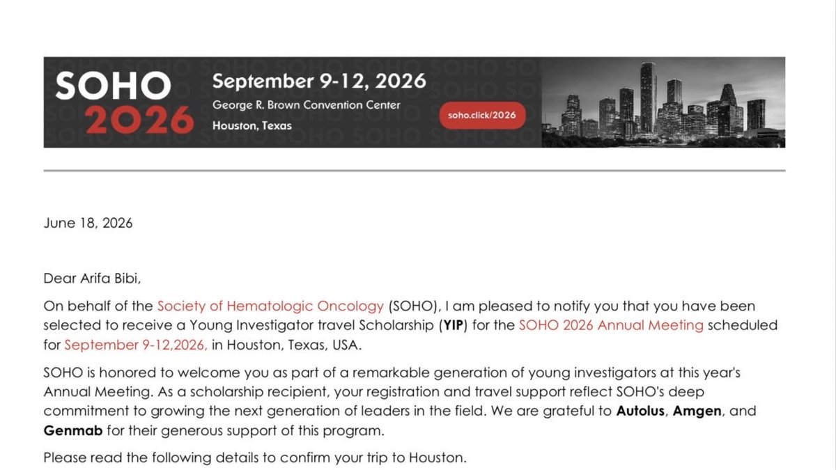 arifabibi5's tweet photo. Excited to share that I have been selected for the #SOHO2026 Young Investigator Program Travel Scholarship!

Grateful to SOHO for supporting young hematology/oncology investigators. Looking forward to meeting experts and learning from colleagues in Houston. @SocietyofHemOnc https://t.co/QpdC9E4dVI