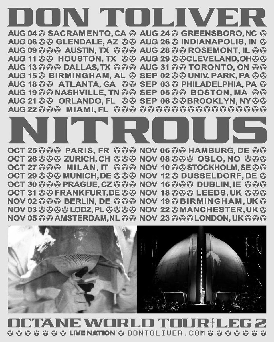 Kurrco's tweet photo. Don Toliver announces a second US tour leg, hinting at his new album “NITROUS,” as well as a new European leg 🚨

NITROUS LEG 🇺🇸
AUGUST - SEPTEMBER 2026

EUROPE LEG 🇪🇺
OCTOBER - NOVEMBER 2026 https://t.co/gIxGppVaSW