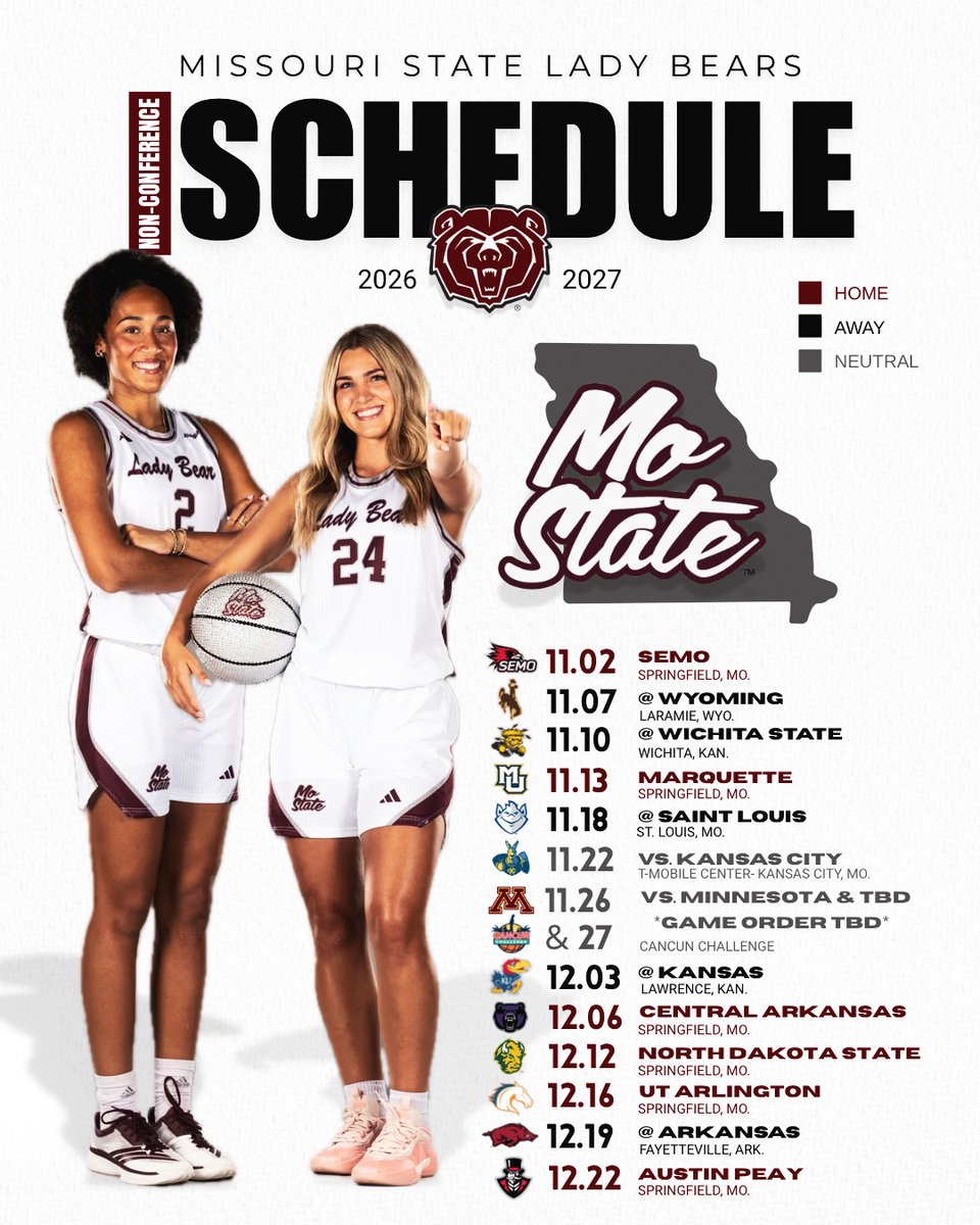 MoStateWBB's tweet photo. Mark your 🗓️ for the non-conference schedule 🐻🏀
 
🔗 https://t.co/Pc4ArDPq69

#LadyBears | #WeAreMoState https://t.co/lKVgQ8K7Vo