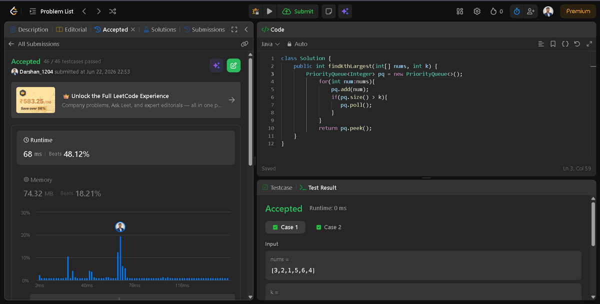 Darshan2042's tweet photo. 📅Day 22/45 of #SDESheetChallenge @takeUforward_
@striver_79

-----------Today's Topic: Heaps ------------  
🔹Implement Max Heap
🔹K-th Largest element in an array
🔹Maximum Sum Combination
🔥Discipline...!
#TakeUForward #Striver #Java #DSA #ProblemSolving https://t.co/8DMlUvhUym