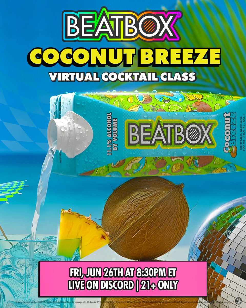 BeatboxBevs's tweet photo. ⏰ Reminder! Don’t forget to join us LIVE on Discord this Friday, June 26 at 8:30 PM ET for our Coconut Breeze Mixology Class! 🥥🍹

We’ll be mixing up 3 refreshing summer-inspired cocktails together ☀️ Be sure to grab your ingredients and mix along with us live.

Join here: https://t.co/c9U2ycHCe4 👀