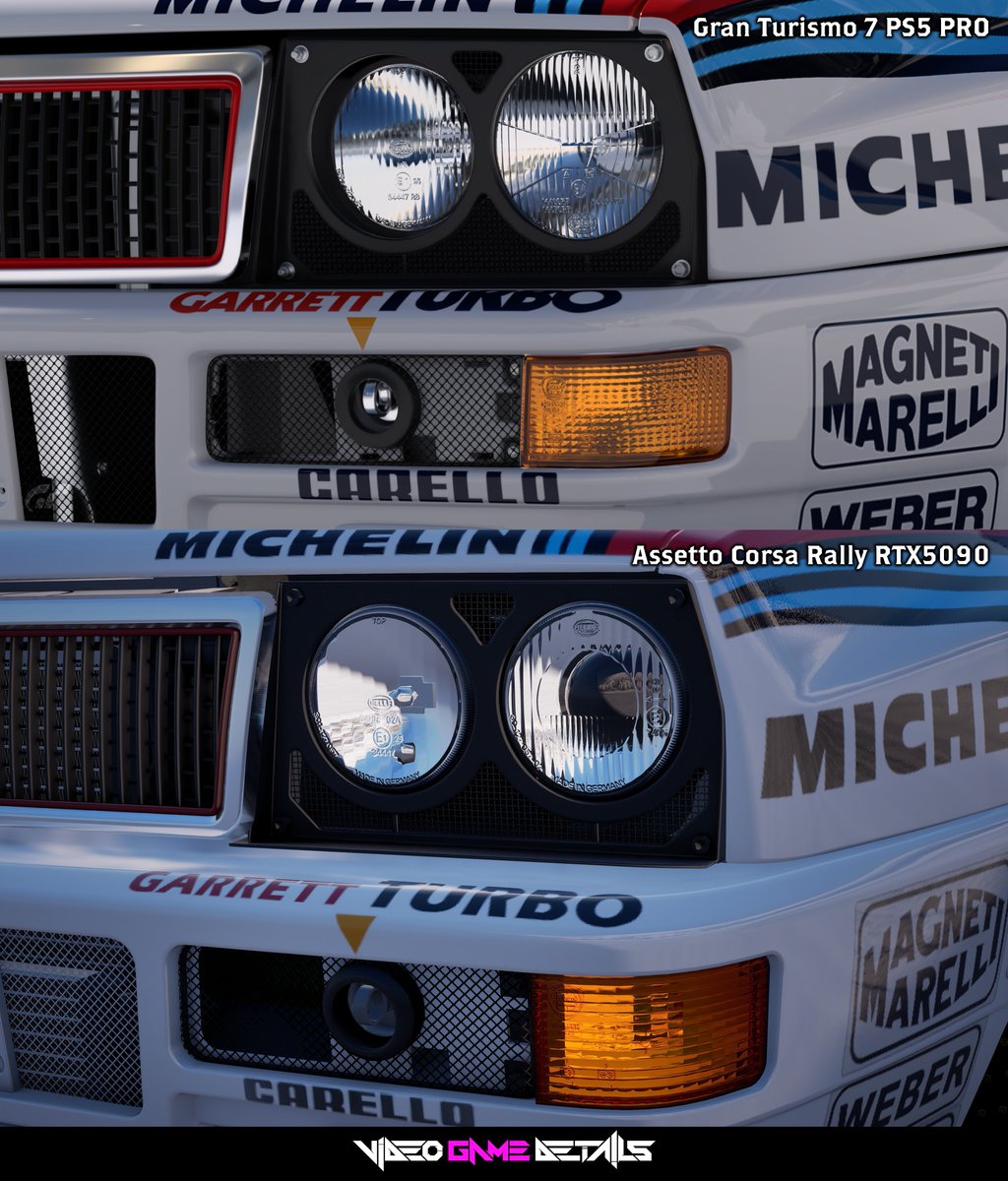 VideoGameDetail's tweet photo. As requested, here’s a #GranTurismo7 vs #AssettoCorsaRally car detail comparison, featuring the Lancia Delta rally car.

GT7 is captured on PS5 Pro, while Assetto Corsa Rally is running on an RTX 5090. Please keep in mind both games use different camera FOVs, so matching the shots perfectly is difficult.

GT7 is slowly starting to show its age in some areas, but the car detail is still seriously impressive.

Assetto Corsa Rally has clearly had a lot of care put into its car models too, and it’s one of the most exciting rally projects I’m looking forward to seeing finished.

Looking at the models overall, both games hold up really well. GT7 seems cleaner in areas like panel finish, decals, and overall consistency, while Assetto Corsa Rally stands out in other places, such as the in-game wheels, snow tyre detail, and keeping the interior LOD high even when viewed from outside the car.

And honestly, going toe to toe with GT7 in car model detail is no easy feat, so full respect to this smaller team. They’re clearly putting serious care into the little details, and it shows.

I’ll showcase more soon and go around the full car properly, but for now, the full pictures will be below in the comments for you to analyse.

Please try not to turn this into a console war or PC master race debate. This is just about appreciating the quality, detail, and care each game brings in its own way.