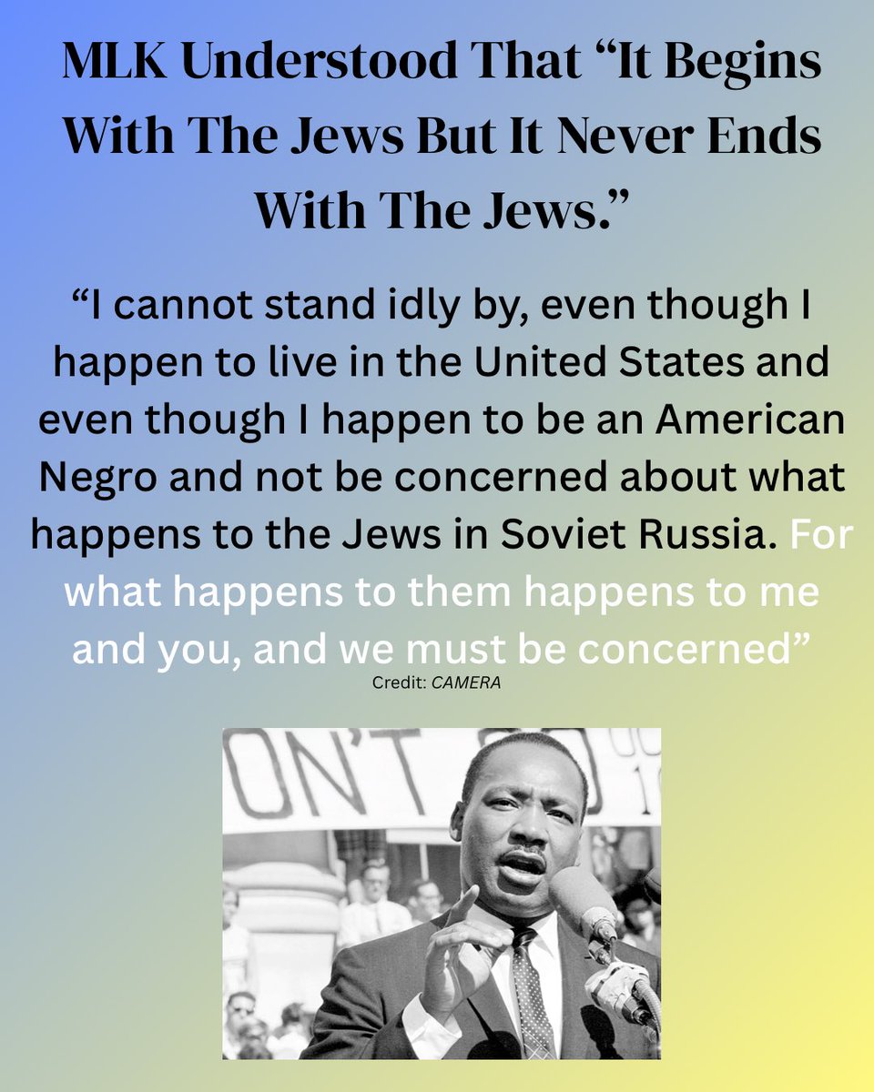 RI4Israel's tweet photo. Martin Luther King Jr was not only a civil rights advocate, but a proud zionist. He understood the importance of protecting Israel, and knew that whatever starts with the Jews doesn’t end with the Jews, that if one group in society is under attack, then others will be too. He was not afraid to see and name the truth. Do not let movements like BLM and others fool you into thinking otherwise.  

Dr. King was a steadfast opponent of antisemitism, speaking out against prejudice directed at the Jewish community. He frequently drew parallels between the civil rights struggle in the US and global liberation movements, including his support for the Jewish homeland.

#blackandjewishunity #zionist #mlk #liberation