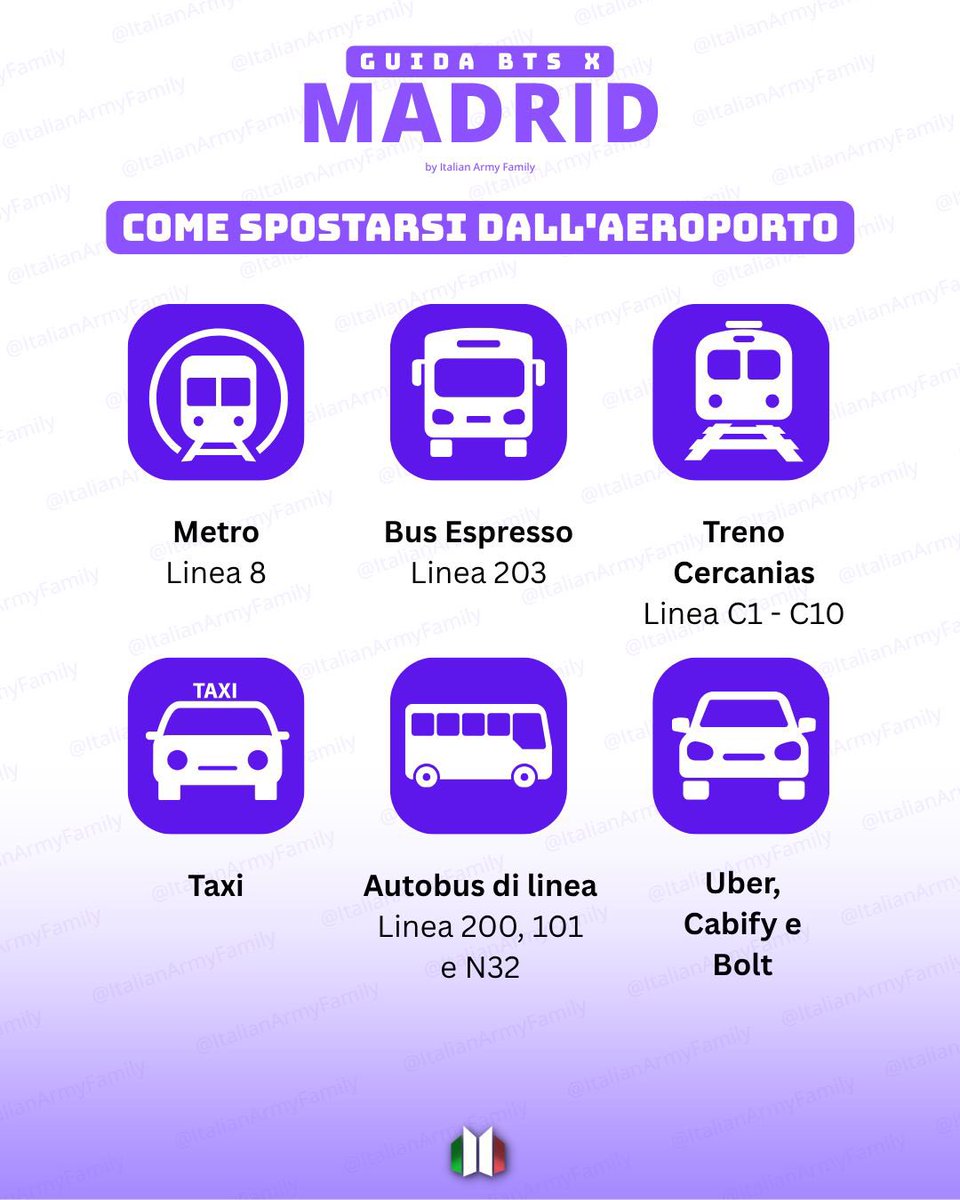 italianarmyfam_'s tweet photo. 📍 GUIDA 🇮🇹 per i concerti del BTS ARIRANG WORLD TOUR a MADRID 🇪🇸 

• Come spostarsi dall'aeroporto
• Come arrivare allo stadio
• Oggetti consentiti e NON
• Fan Action &amp; Projects
• Stretto necessario e consigli
• ARMY Etiquette
• Eventi per gli ARMY a Madrid https://t.co/61jeqmHw2E