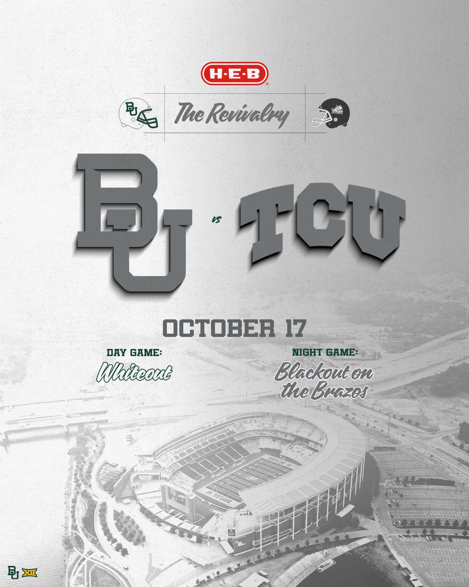 BaylorAthletics's tweet photo. Game Theme 4️⃣

One state. One rivalry. 😤

The oldest rivalry in Texas returns for its 122nd meeting as @BUFootball and TCU meet again on the Brazos: https://t.co/5EVneHJ2J1

Whether it's a Blackout on the Brazos or a Whiteout, we'll be ready.

#SicEm | @HEB