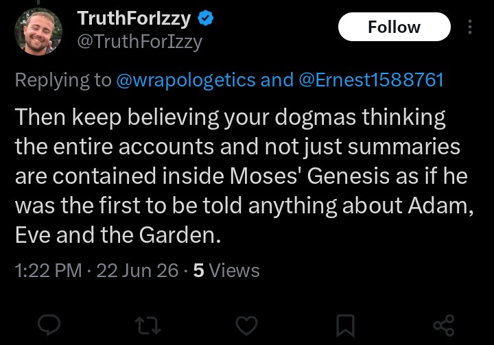 wrapologetics's tweet photo. @TruthForIzzy @Ernest1588761 Oh, the coward blocked and ran away after getting utterly embarrassed by facts and evidence that refuted him. Bless his heart.

First, I believe scripture and evidence, not dogmas like the ones he holds to.

Second, I never claimed Genesis wasn't a summary. https://t.co/Iqpj6AkljH
