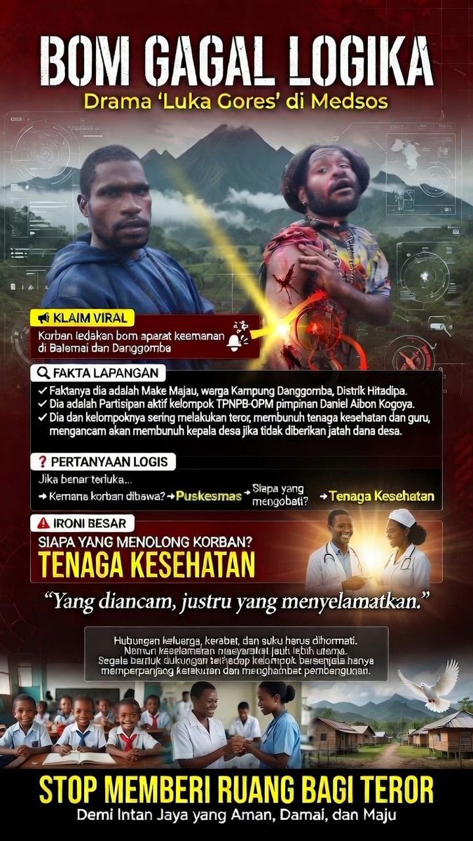 CMonopen33692's tweet photo. Bom Gagal Logika, Drama 'Luka Gores' di Medsos

Hari Ini ramai di jagad media sosial wilayah Papua, klaim korban ledakan bom aparat keamanan di Kampung Balamai dan Danggomba Distrik Hitadipa, Intan Jaya. https://t.co/jMUAjIsXIZ