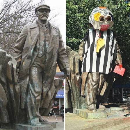 feraljokes's tweet photo. There's a statue of Lenin in Seattle that's impossible for the city to take down because it's on private property so they paid the owner to do this to it while the world cup is in town https://t.co/6asaKaTLBN