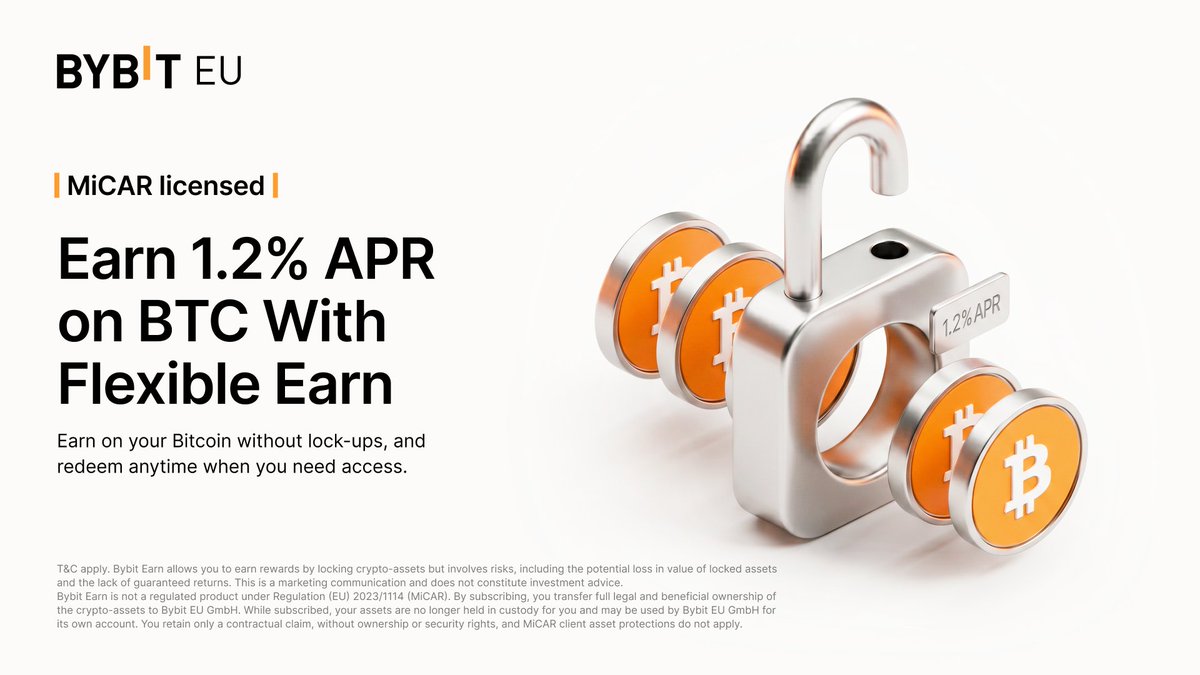BybitEU's tweet photo. Holding requires strategy.

If your BTC is on the sidelines, Flexible Earn is the answer. Keep your capital active on our MiCAR licensed platform.

🔓 BTC Flexible Earn
📈 1.2% APR
⚡ Redeem anytime
🇪🇺 MiCAR licensed

Get started 👇