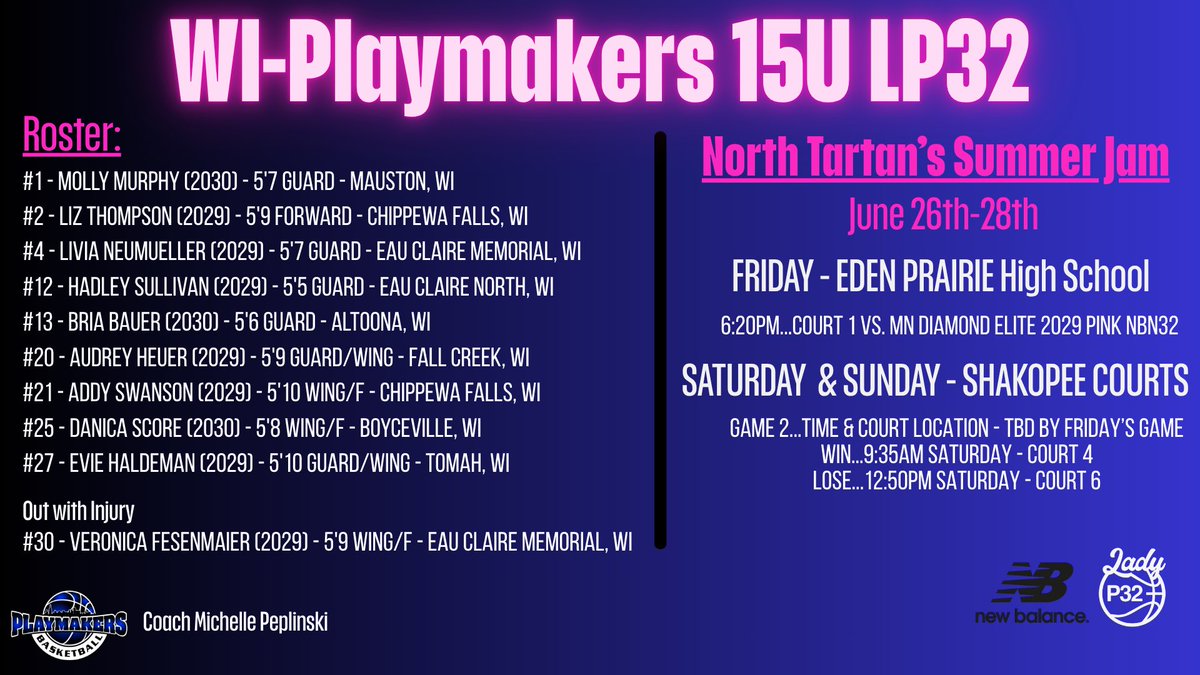 WIPlaymkrs16U's tweet photo. 🚨We are heading to North Tartan’s Summer Jam this weekend! Current schedule &amp; roster attached! https://t.co/TnXhscPPSh
