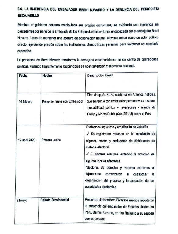 cviguria's tweet photo. LO UUUULTIMO 
Esta es la denuncia constitucional que acaba de presentar Pablo Salas, personero legal de Juntos por el Perú, contra el canciller Carlos Pareja por su rol durante la segunda vuelta electora. Se pide 10 años inhabilitación de Pareja. 
Denuncia se basa en 14 hechos diferentes, entre ellos, el papel del embajador de EE.UU. Bernie Navarro. l