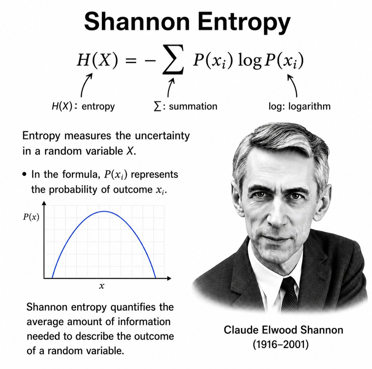 cosmosarcive's tweet photo. Shannon Entropy: Measuring Uncertainty in Information

H(X) = − Σ P(xᵢ) log P(xᵢ)

Introduced by Claude Shannon, this equation measures the average amount of information produced by a random source.

Entropy quantifies uncertainty. If an outcome is highly predictable, entropy is low. If outcomes are difficult to predict, entropy is high.

In the formula:

• H(X) = entropy of the random variable X
• P(xᵢ) = probability of outcome xᵢ
• Σ = sum over all possible outcomes
• log₂ = logarithm base 2, measuring information in bits

This deceptively simple equation laid the foundation for modern information theory and remains central to data compression, cryptography, telecommunications, machine learning, and the digital systems that power our world.