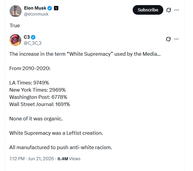 TheBlackChannel's tweet photo. 🤡No one is surprised that Elon -The Afrikaner- Musk is VERY worried about the fact "white supremacy" has replaced "racist" as the term that people use.

Brother Neely Fuller defeated the world's richest man in the arena of ideas.

We're here to make it stick. https://t.co/xtJW7FzrEb