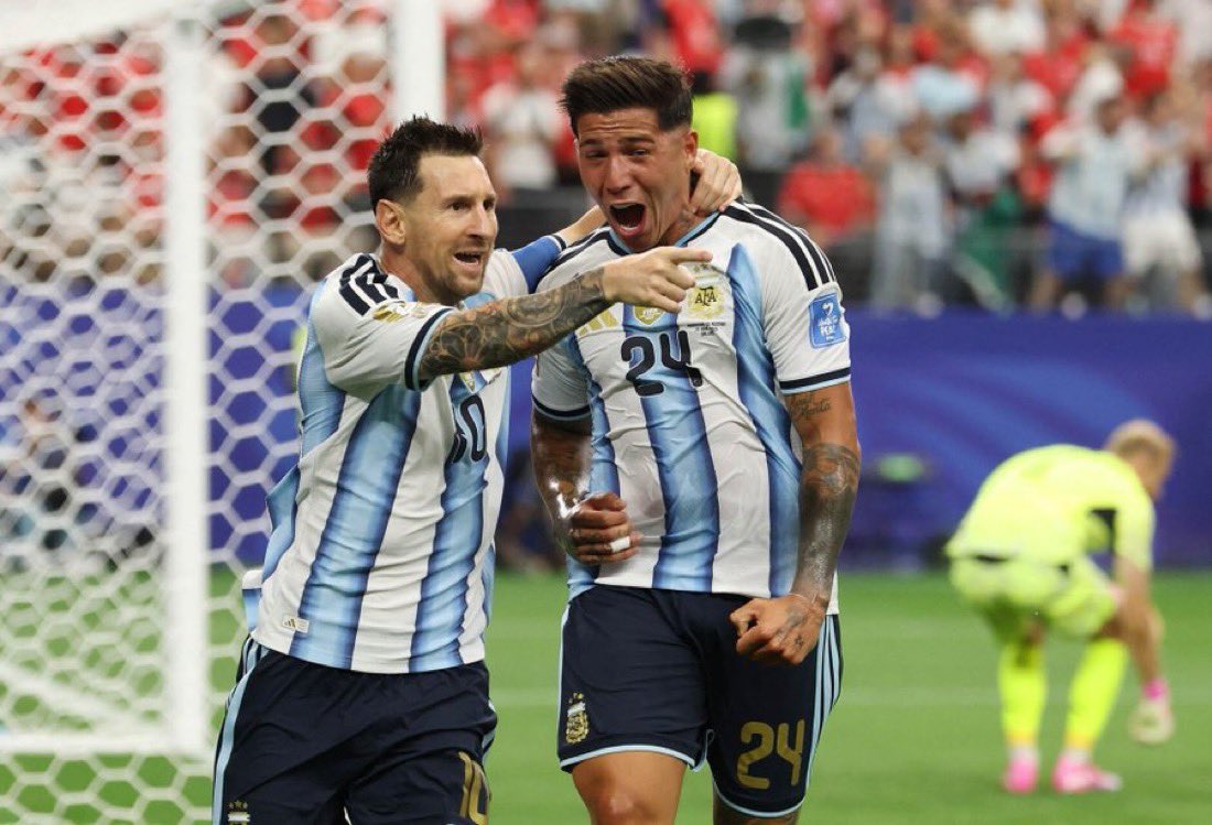 Factence's tweet photo. Messi breaks the all-time men’s World Cup goal record with a 38th-minute strike for Argentina against Austria in Dallas. 1-0. https://t.co/6aCE17mLaM