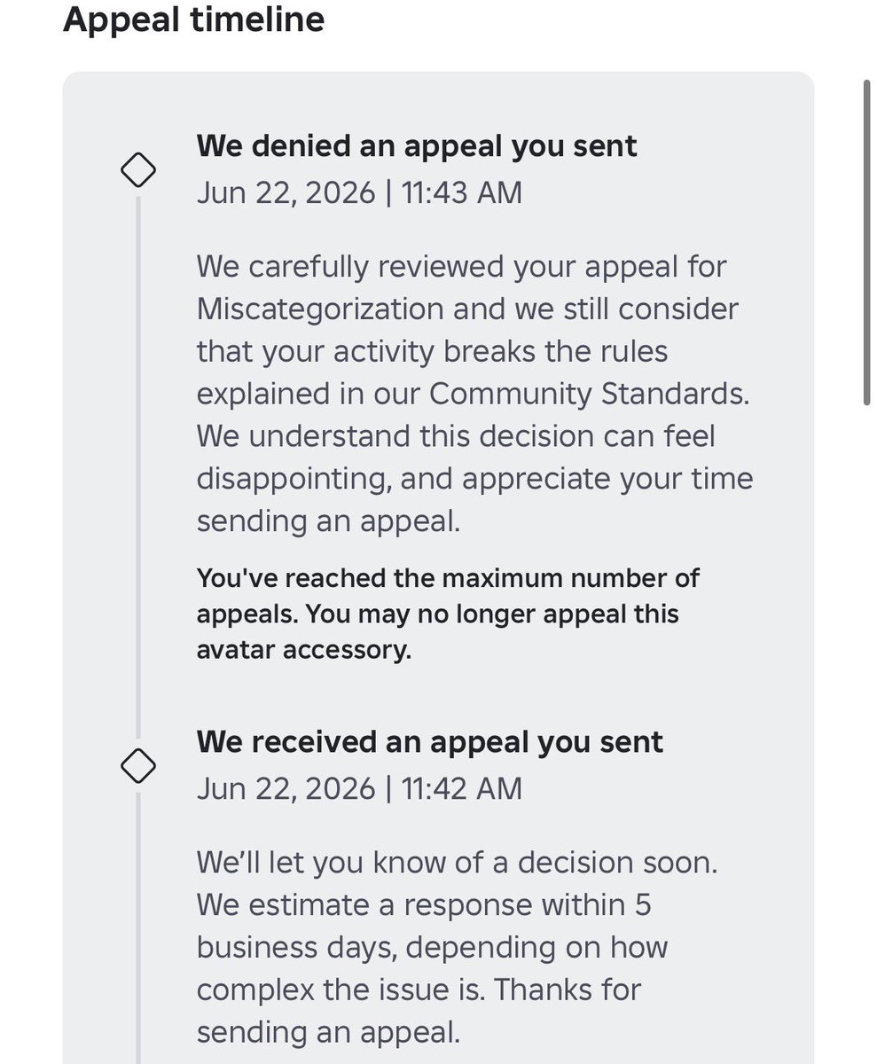 miiiloooooo's tweet photo. Has anyone dealt with this recently? My new accessory "Polka Dot Bows" got auto-rejected for spam. I sent a detailed appeal explaining it's a unique texture variant for a collection, but the bot insta-denied it and I'm locked out of appealing. Any advice? #RobloxDev #ROBLOX https://t.co/yy1ihC4MiY