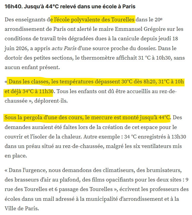 mtwit75's tweet photo. L'école des Tourelles, où il fait 44°C sous la pergola et 34°C dans les classes, a été construite par la municipalité PS parisienne en 2003. Ossature bois, performance énergétique niveau passif, orientation sud "pour profiter d'apports solaires naturels"
https://t.co/h7h3ekA8Vs https://t.co/fphWfk7ySG