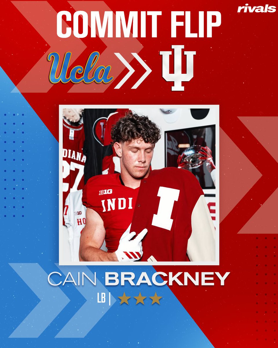 Rivals's tweet photo. 🚨BREAKING🚨 LB Cain Brackney has flipped his commitment from UCLA to Indiana, @Hayesfawcett3 reports🔴⚪️

Read: https://t.co/0u9xQrefUN https://t.co/hIbbB3EkPe