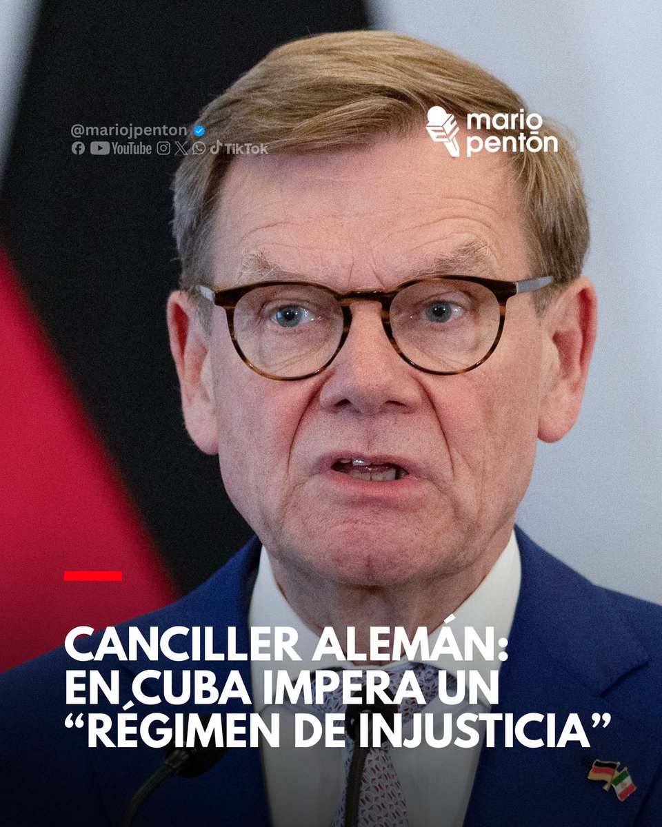 MarioJPenton's tweet photo. 🔴El ministro de Relaciones Exteriores de Alemania, Johann Wadephul, afirmó que en Cuba existe un “régimen de injusticia” y aseguró que el bienestar de la población depende principalmente de un cambio en la forma de gobierno. También cuestionó la narrativa del embargo estadounidense, señalando que no percibe un “bloqueo” como principal causa de la crisis en la isla.

⭕El funcionario destacó problemas como la censura, la falta de libertades y la crisis económica agravada por la escasez de combustible y el deterioro de la infraestructura. Además, recordó que Cuba dejó de recibir el apoyo energético de Venezuela, lo que ha profundizado las dificultades actuales.

⭕Las declaraciones coinciden con una mayor presión internacional, incluyendo llamados de la Unión Europea para una transición democrática en la isla. Aunque Alemania mantiene relaciones diplomáticas con La Habana y ofrece ayuda, insiste en que el cambio real depende de reformas políticas profundas que garanticen libertades y mejor gobernanza.

DIARIO DE CUBA