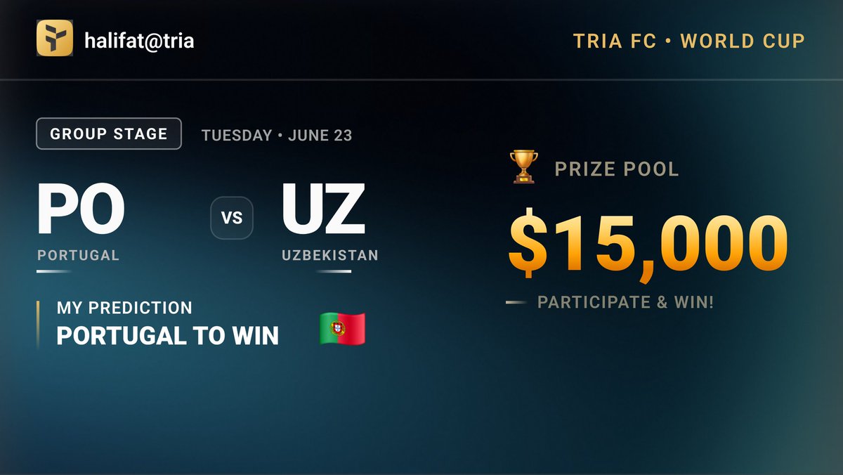 HalifatGuseynov's tweet photo. My World Cup card is live on @useTria 🔥 Backing 🇵🇹 Portugal TO WIN vs Uzbekistan.

I'm racing for a $15K prize pool on Tria - every pick, swipe &amp; trade scores. Think you can read the World Cup better than me? 👇 #TriaFC
https://t.co/gv7YjST5wt https://t.co/571JWq1QHV