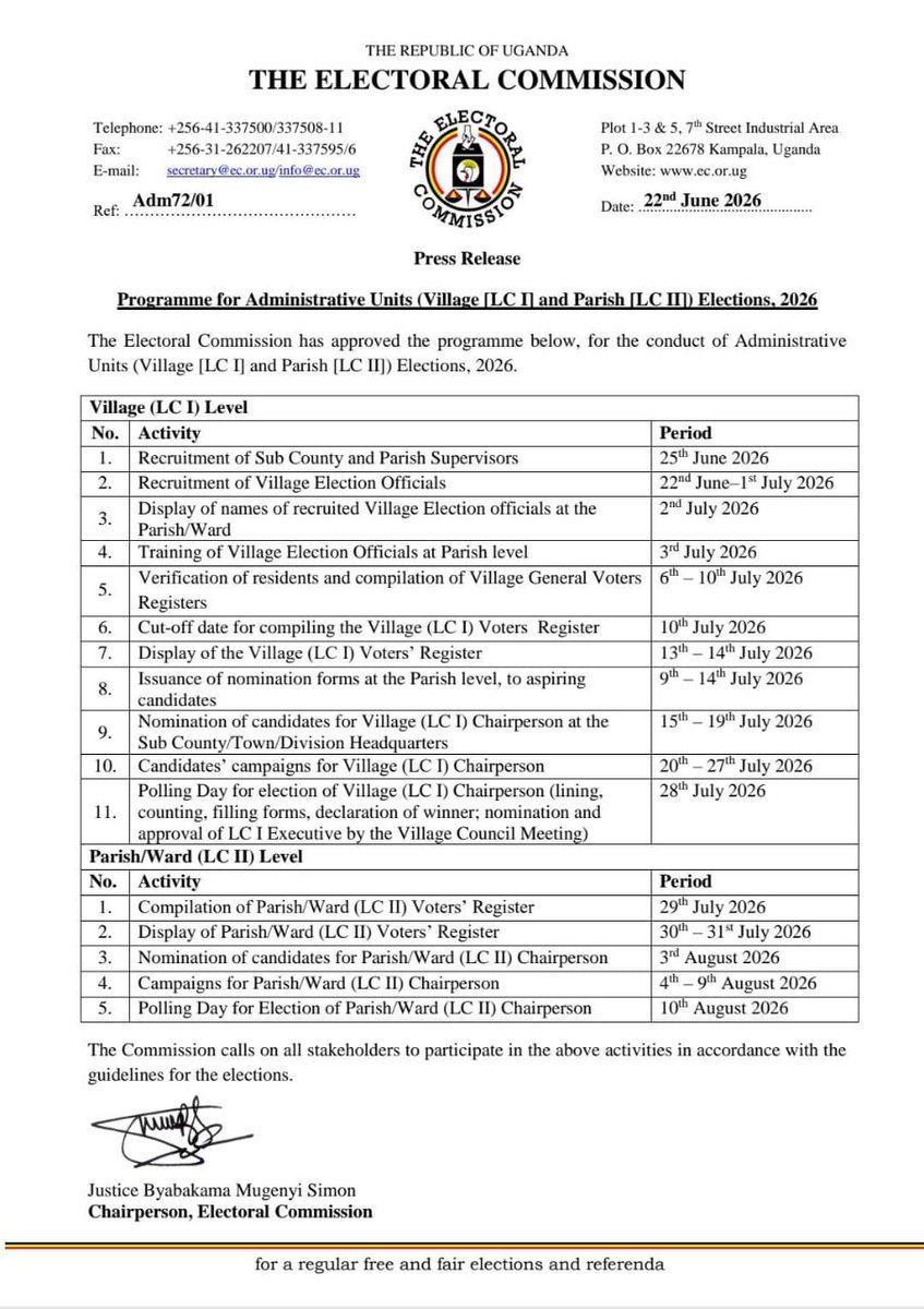 KeefaCom's tweet photo. An official press release from Uganda's @Electoral Commission dated June 22, 2026, announcing the timetable for Village (LC I) and Parish (LC II) elections.
The schedule details recruitment of officials starting June 25, voter register compilation July 6-10, candidate nominations July 15-19, and LC I polling on July 28, 2026.
LC II activities include nominations in early August with polling set for August 10 to elect chairpersons at Uganda's lowest administrative units.