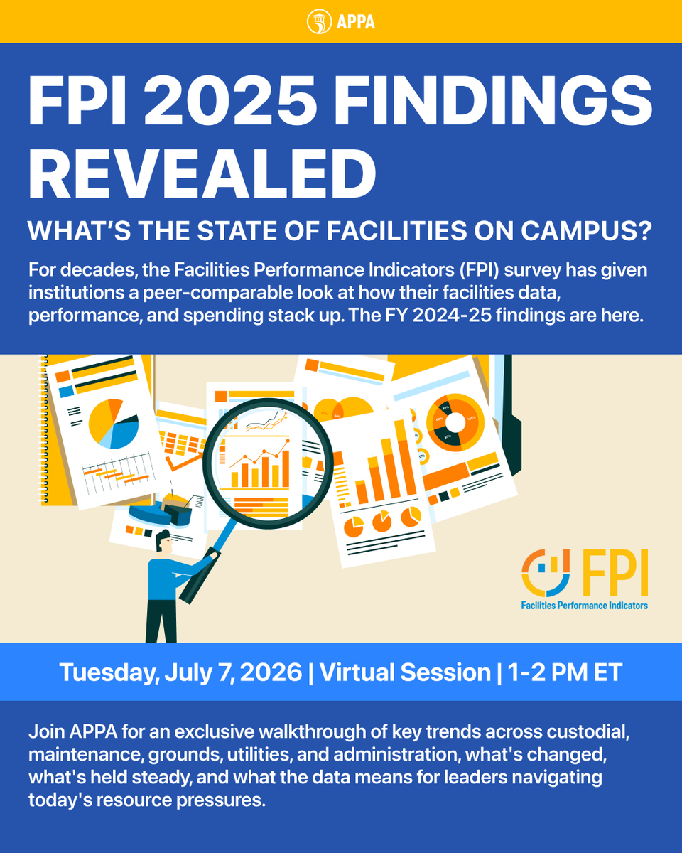 APPA_facilities's tweet photo. The FY 2024-25 FPI findings are here. See how campus facilities data, performance, and spending stack up, then join our July 7 webinar to dig into the trends across custodial, maintenance, grounds, utilities, and administration.

Read blog &amp; register: https://t.co/y2hPSOeKKf https://t.co/zdLbZSpTvA