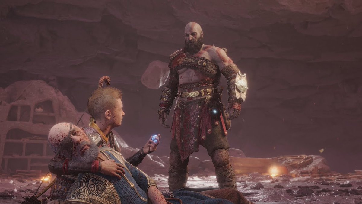 Yasshbhardwajj's tweet photo. Crazy how Fate worked, at the end of Gow 2018 in the mural Kratos was supposed to die in the arms of Atreus and Thor standing aside, but he changed fate by opening his heart to the world. 

Odin became the " father " false father , he replaced Kratos there and died in Atreus arms. He was trying to be Atreus father trying to replace Kratos manipulating him, Kratos replaced Thor.

Peak Writing Man!