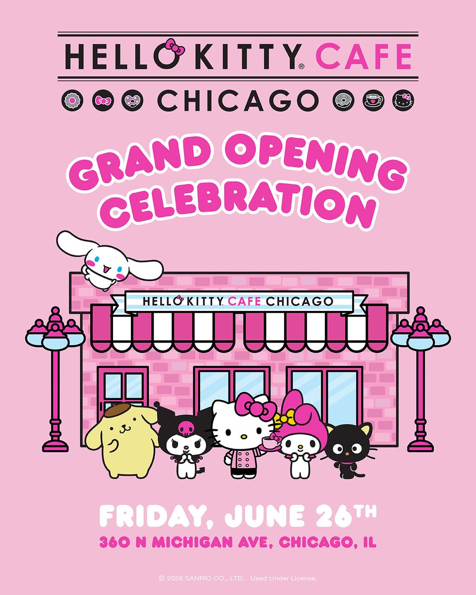 hellokitty's tweet photo. Come say hello 🎀 Hello Kitty Cafe Chicago opens on June 26th at 10am! ⁠Join us for a supercute weekend filled with sweets, treats, and surprises 💞

💖 Enjoy Chicago exclusive treats, beverages, and merch⁠
💖 Meet and Greet with Hello Kitty⁠ on Friday 
💖 Receive a Grand Opening Day cookie with cafe menu purchases*
💖 Receive a free sticker sheet with merchandise purchases*

Afternoon Tea reservations for the Bow Room are now open! Book here: https://t.co/63cVkMya5o

*While supplies last. Limit one per person.