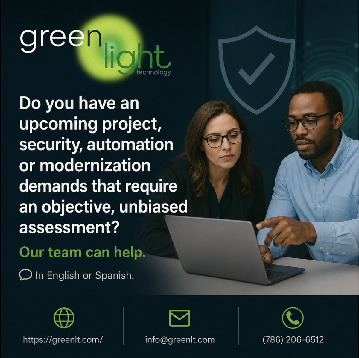 GreenLtTech's tweet photo. We've got your back. In Spanish or English. With decades of experience leading the technical area, Green Light Technology’s IT services team can integrate with your own teams to help you solve your IT problems and achieve your goals. Call today. 786-206-6512 info@greenlt.com https://t.co/0x2zNVkKjc