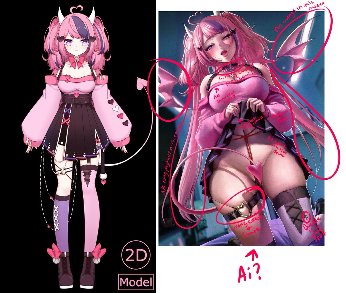 KeiIvory's tweet photo. Haven't posted in a long time but I had to share my thoughts on this. I'm not speaking for Ironmouse but I don't know if she's ever like.. openly consented to art being done of her like this. Regardless, I made my notes on why I think this picture is for sure AI. https://t.co/3QKqFchiiq