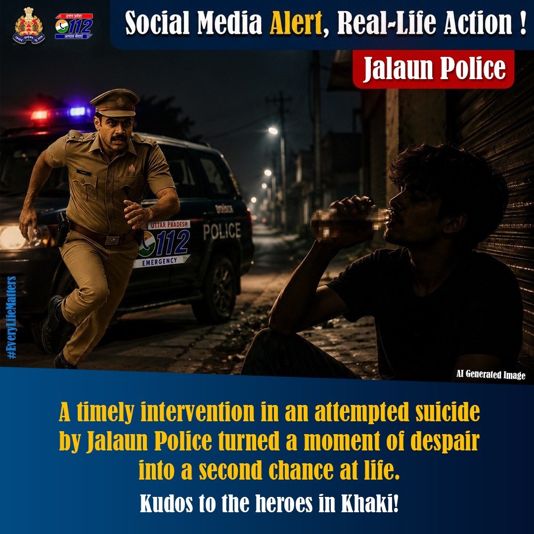 Uppolice's tweet photo. पोस्ट से सुरक्षा तक—सिर्फ़ 07 मिनट में। 

जालौन निवासी 20 वर्षीय युवक ने इंस्टाग्राम पर आत्महत्या से जुड़ा एक बेहद चिंताजनक पोस्ट साझा किया। दिनांक 21.06.2026 को 02:44 PM पर यह अलर्ट @Meta द्वारा #UPPolice सोशल मीडिया सेंटर को प्राप्त हुआ। मुख्यालय की टीम ने तुरंत लोकेशन ट्रेस कर @jalaunpolice को सूचित किया।  

मात्र 07 मिनट के अंतराल पर थाना माधौगढ़ पुलिस की टीम युवक के घर पहुंची तथा उसकी पोस्ट की जानकारी परिजनों को दी। इसके बाद पुलिसकर्मी परिजनों के साथ तत्काल युवक के पास पहुंचे, जहां वह बेसुध अवस्था में मिला। पुलिस ने परिजनों एवं पड़ोसियों के सहयोग से उसे तत्काल नजदीकी हॉस्पिटल पहुँचाया, जहाँ चिकित्सक द्वारा युवक का उपचार किया गया।

उपचार के उपरांत युवक की स्थिति सामान्य होने पर पुलिस कर्मियों द्वारा युवक की काउन्सलिंग की गयी तो ज्ञात हुआ कि युवक एक लड़की से प्रेम करता था किंतु लड़की के परिजनों द्वारा अपनी लड़की की शादी युवक से करने से मना कर दिया गया, जिससे आहत होकर युवक मानसिक रूप से अत्यंत व्यथित एवं अवसादग्रस्त हो गया था। साथ ही उसके द्वारा भविष्य में ऐसी गलती नहीं करने का आश्वासन दिया गया।

यह त्वरित एवं जीवनरक्षक प्रयास @Uppolice और @Meta की साझेदारी का परिणाम है। इस पहल के तहत दिनांक 01.01.2023 से 15.06.2026 तक कुल 3163 लोगों के जीवन की रक्षा की जा चुकी है।  

#EveryLifeMatters 
#DigitalSentinels 
#UPPCares