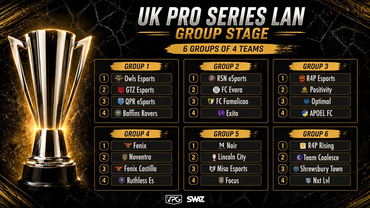 OfficialVPG's tweet photo. 🏆 UK PRO SERIES LAN EVENT - 11v11 Clubs

🆚 Group Stage:
1️⃣ @OWLSEsportsX @GTZEsports @QPReSports @Baffinsroversfc 
2️⃣ @RSNeSportsFC @FcEvora @famaesports @ExitoVPG 
3️⃣ @R4P11s @PositivityVPG @OptimalVPG @APOELFCEsports 
4️⃣ @FenixEAFC @NoventraFC @FenixCastilla @VPGRuthlessES 
5️⃣ @NoirFC @LincolnCityVPG @misaesports @FocusVFC 
6️⃣ @R4P11s @TeamCoalesce @ShrewsEsports @NextLvlHQ 

📋 @EASPORTSFC licensed event 
🏟️ Hillsborough Stadium 
🎙️ @proclubs_weekly @R1ch1eF1 @RhinoCasts11 
📆 11th and 12th July 2026. 
💰 $8000 in prizes! 

#FC26 #ProClubs #EAFC #VPG 
#WhereTheChampionsPlay