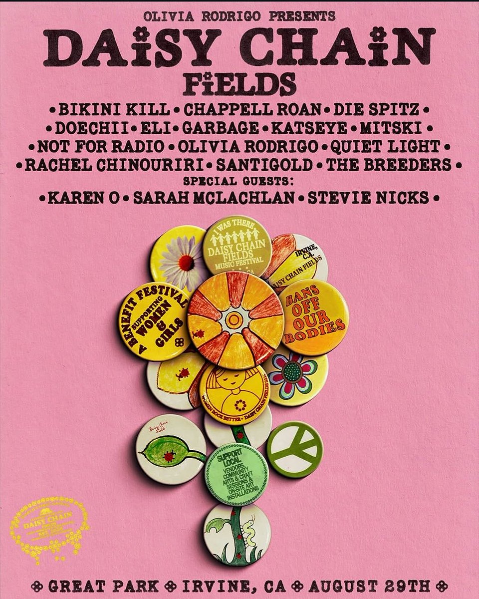 rafalozzz's tweet photo. ✨ OLIVIA RODRIGO lanza DAISY CHAIN FIELDS, su PROPIO FESTIVAL FEMENINO.

el cartel lo componen CHAPELL ROAN, DOECHII, OLIVIA RODRIGO, KATSEYE…

los beneficios serán destinados a organizaciones dedicadas a promover y abogar por mujeres y niñas. https://t.co/YIY3qf5QuN