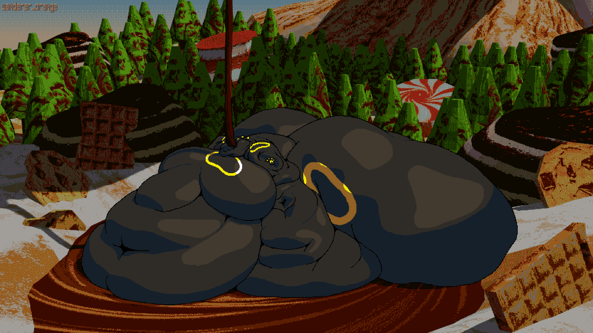 wanderer_orange's tweet photo. "after eating a trail of destruction through this unusual land, this umbreon parked himself in a pond under a large overhang to guzzle the chocolate pouring from the strange swirly mountain."

Commission for anonymous https://t.co/PP4i1Og2Yo