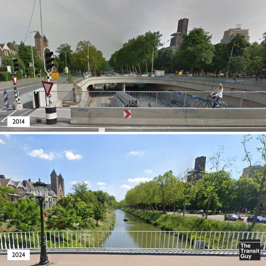 the_transit_guy's tweet photo. A sunken highway in Utrecht is transformed back into a canal. https://t.co/7hWjg3VHmw
