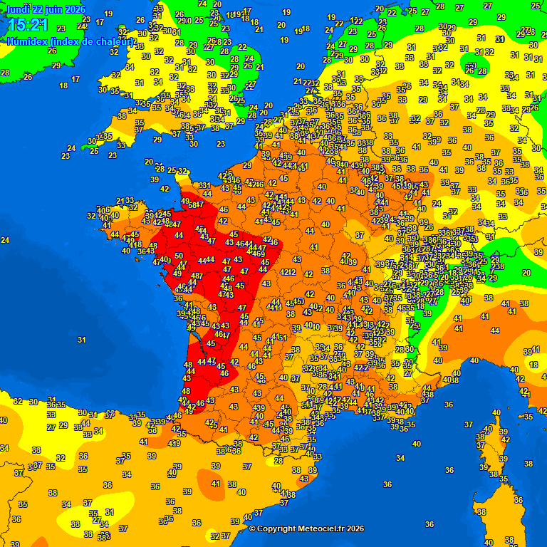 meteovillages's tweet photo. 🌡️⚠️ Soyez très vigilants ! 

Le seuil de danger de l'humidex (indice température+humidité) a dépassé le seuil de danger sur l'ouest du pays. 

⚠️ Une exposition prolongée peut provoquer un malaise. Évitez de sortir longtemps, encore moins de pratiquer une activité physique. https://t.co/Yk4sHNa6du
