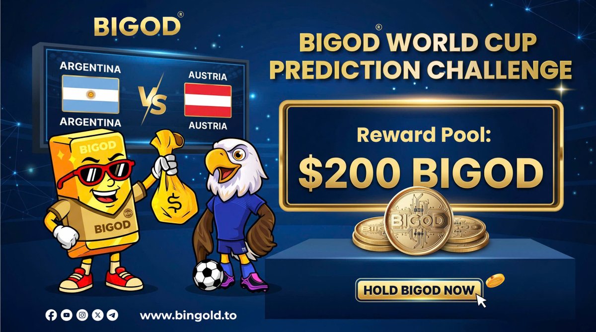 BiGODToken's tweet photo. BIGOD World Cup Prediction Challenge

The clash we’ve all been waiting for is finally here! Will Argentina dominate the pitch, or can Austriapull off a historic upset?

Guess the exact score and grab your share of the $200 BIGOD Reward Pool!

How to Enter:
1️⃣ Follow @BiGODToken 
2️⃣Repost + Like this post 
3️⃣ Comment your score prediction below 👇

⏳ Drop your predictions before kickoff! Good luck!