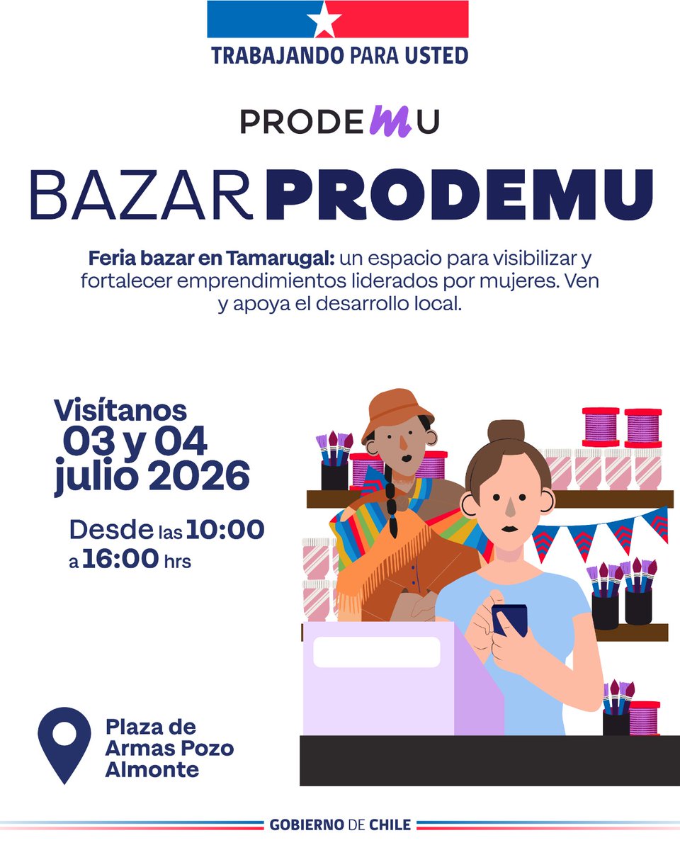 DPPTamarugal's tweet photo. ATENCIÓN EMPRENDEDORAS👩‍🦰💡 inscríbanse📝 en Feria Bazar🪆 #Tamarugal🏜️ de Prodemu #Tarapaca.

Visibilicen🔍 y comercialicen💰 sus productos📦, generen redes 🤝 que impulsan emprendimientos 🚀.

-Inscripciones👉 https://t.co/kOVfe7nYTA
-Feria Bazar🛍️ 3 y 4 de julio📆

#PozoAlmonte https://t.co/JJgjRxGWjk