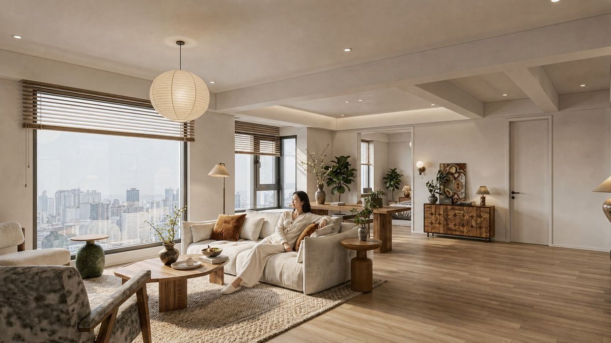 SUAPPAIR's tweet photo. Check out this incredible AI transformation! I turned a simple line sketch into this warm, calm city apartment living room with AI rendering. 
Natural light and gentle wood tones always make the most relaxing space.
#NeutralHome #CozyHome #ModernMinimalist #AIRentering https://t.co/gmXhEdDgig