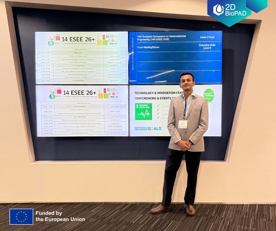 2D_BioPAD's tweet photo. 👏 2D-BioPAD was presented at the European Society for Electroanalytical Chemistry 2026 conference in Glasgow!

A member of the coordination team (@CatrinUP), presented ongoing work on the Electrochemical Sensing of AD Biomarkers, advancing the goals of our project. https://t.co/mZM8zMatVq