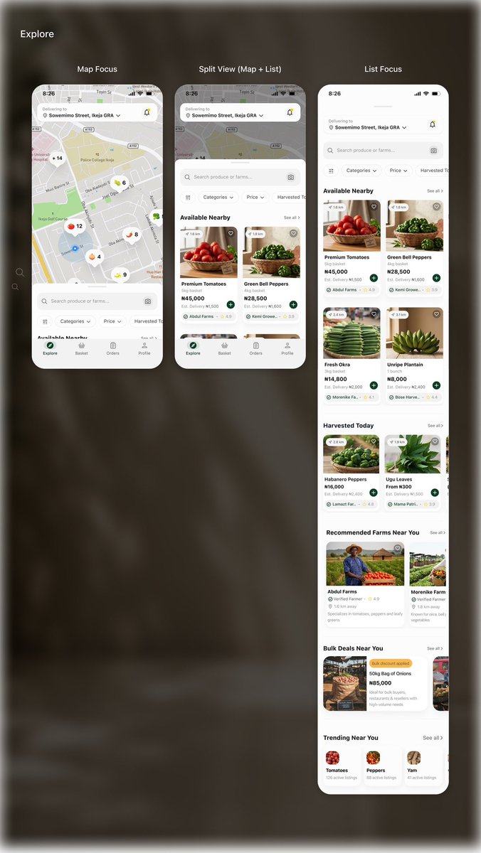 helloodinaka's tweet photo. Buyer Flow 2 — Discovery &amp; Exploration

The goal was to help buyers explore, compare, and evaluate produce with the information they need to make informed purchasing decisions. 🌱 https://t.co/9Zw0aUYY67