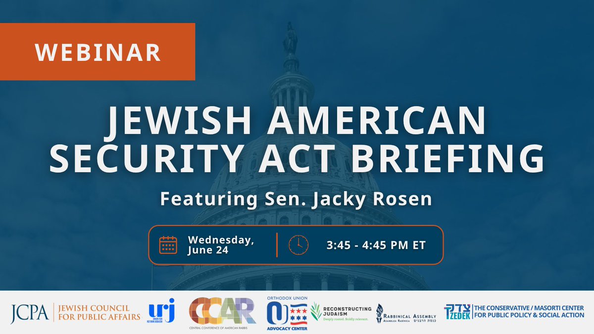 theJCPA's tweet photo. The Jewish community needs federal action on security, civil rights, &amp; online hate — &amp; the Jewish American Security Act delivers.

We need your help to pass it. Join JCPA on June 24 w/@SenJackyRosen &amp; @OrthodoxUnion @URJorg @RabbiAssembly @ReconJudaism: 
https://t.co/wpFLFdOy5s https://t.co/67tC9kDiI9